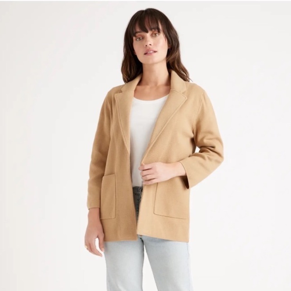 Quince Organic Cotton Knit Blazer Open Front Pockets Camel Small New With Tags